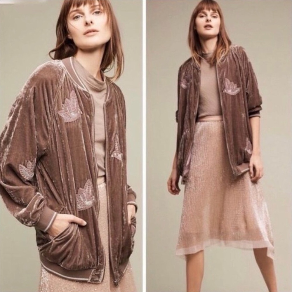 Anthropologie Hei Hei West End Velvet Bird Embroidered Long Bomber Jacket XS